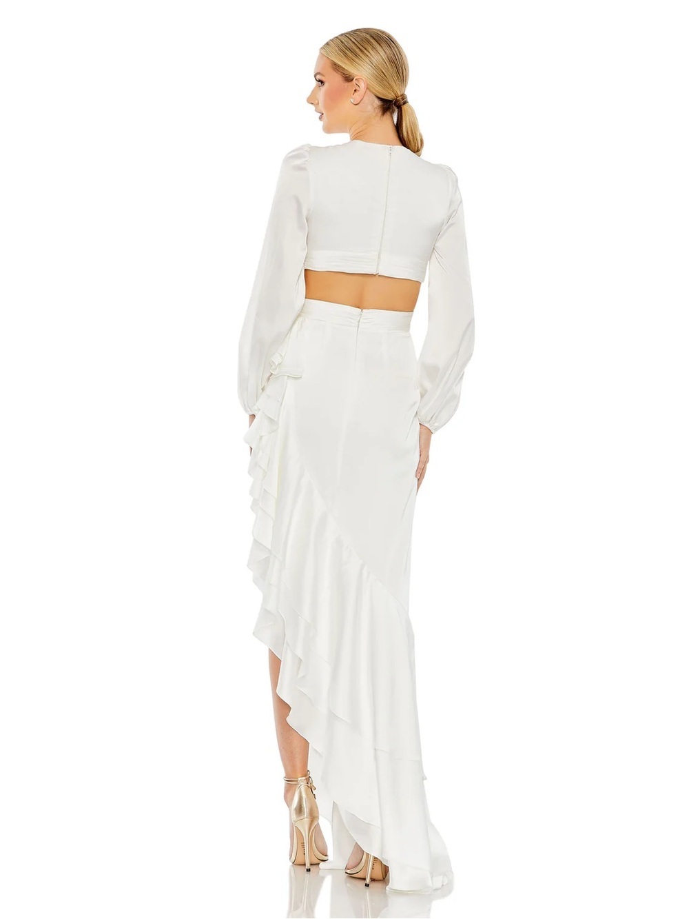 NWT Mac Duggal 49524 White Cut Out Asymmetrical Ruffled Gown Dress Size 0 - Picture 3 of 7